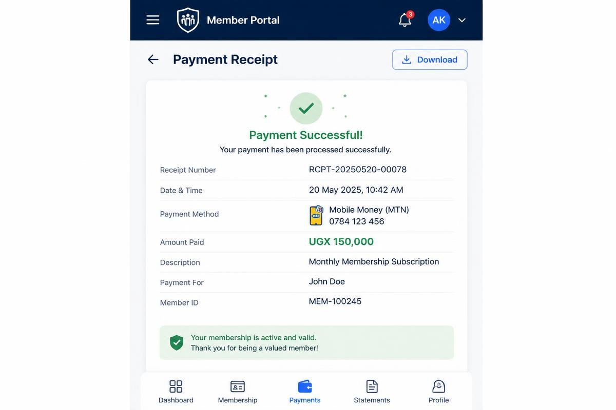 Le reçu envoyé au membre après son paiement